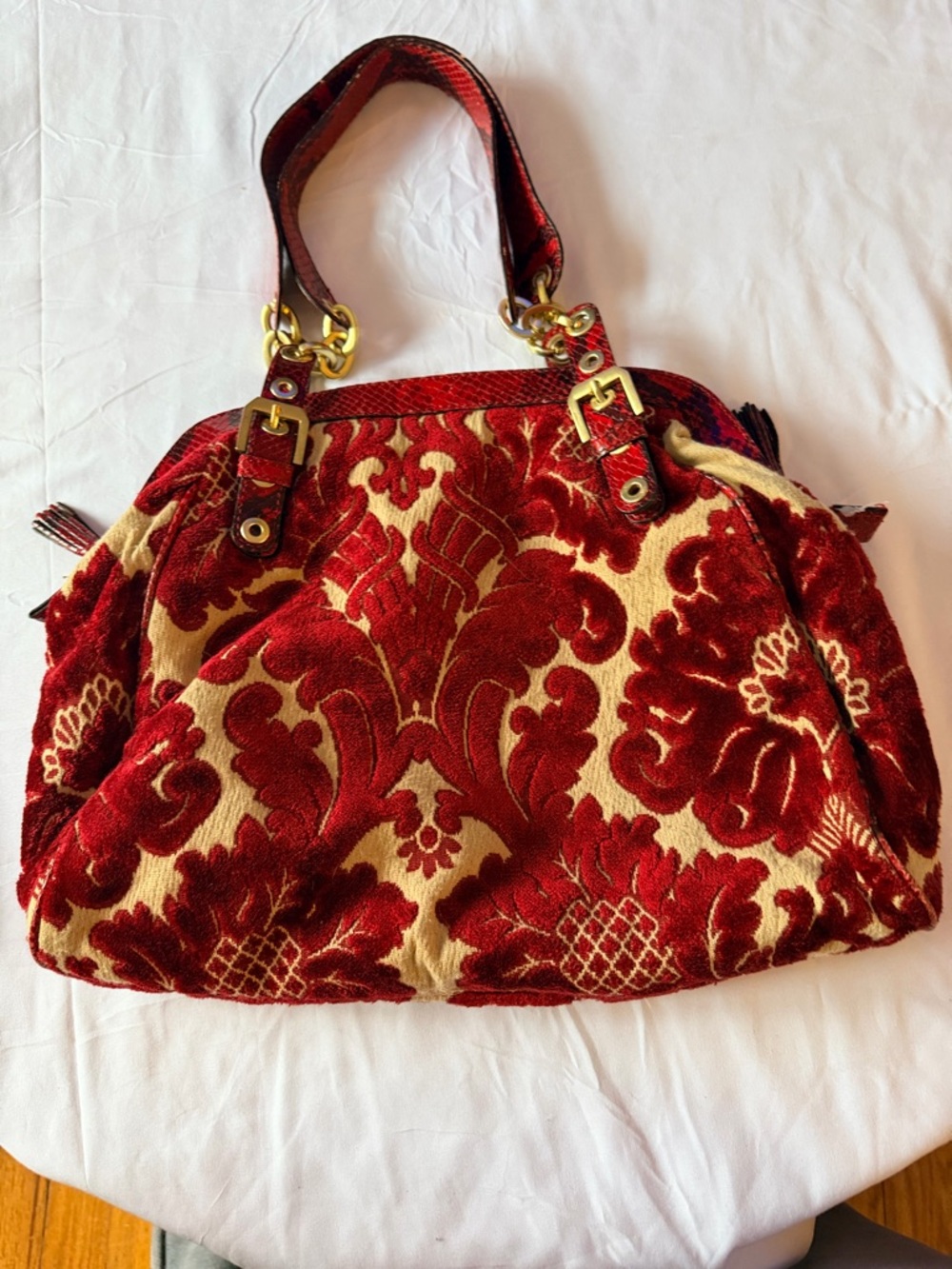 Adrienne Vittadini Red and Cream Damask Tote with Gold Hardware